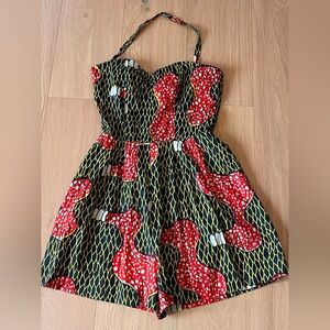 Zachary's Smile Black & Red vintage print Sweetheart neck halter romper 6